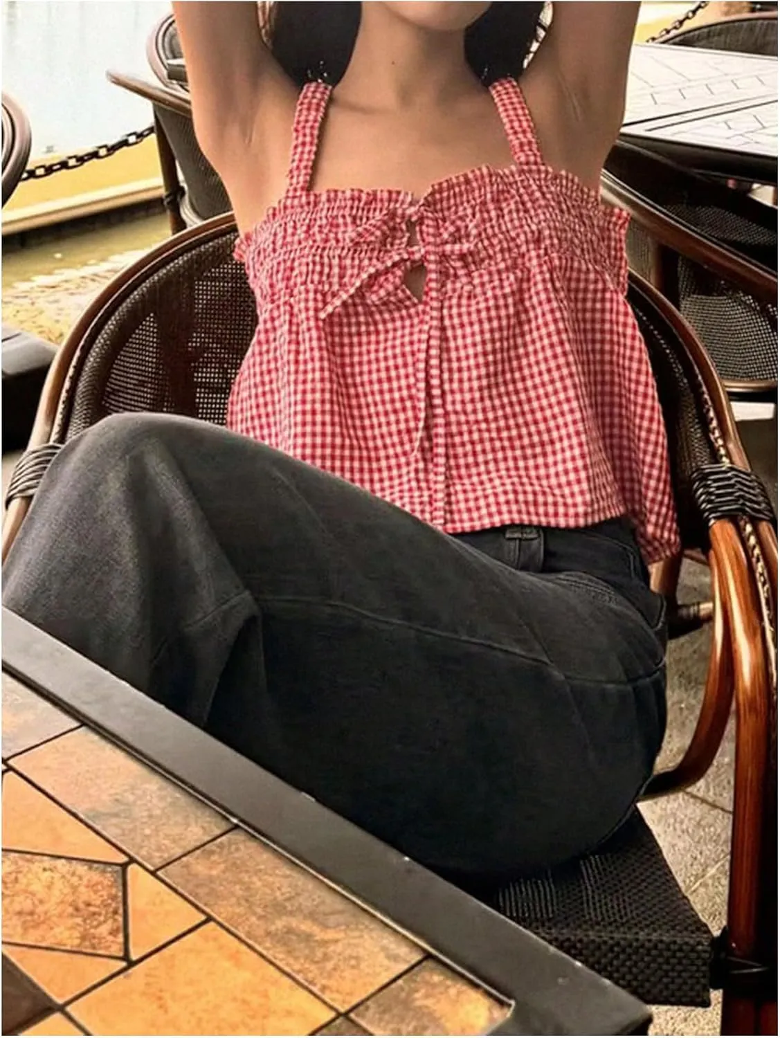 GORGLITTER Women's Y2k Gingham Cute Babydoll Crop Tops Sleeveless Bow Tie Going Out Tank Top