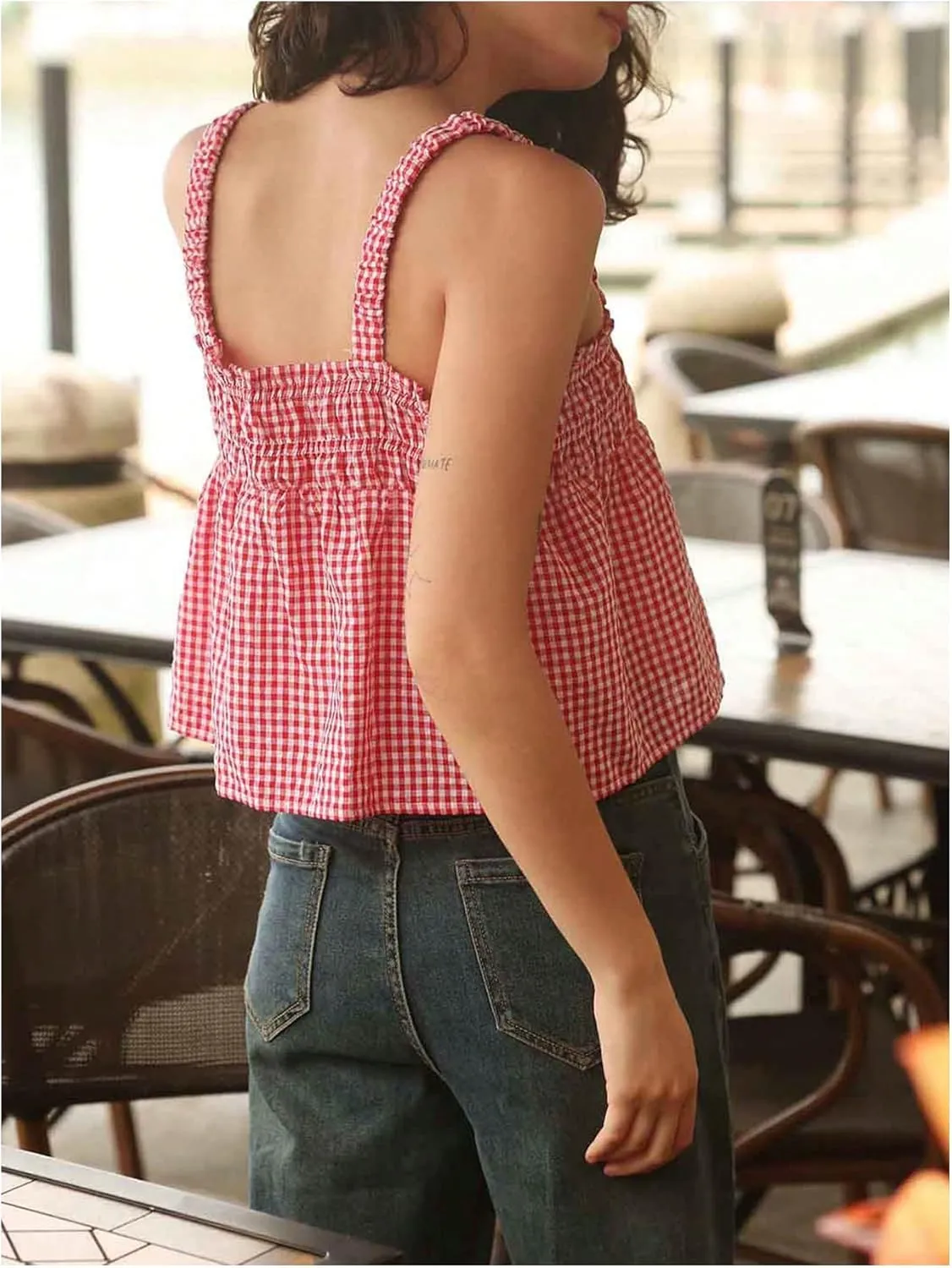 GORGLITTER Women's Y2k Gingham Cute Babydoll Crop Tops Sleeveless Bow Tie Going Out Tank Top
