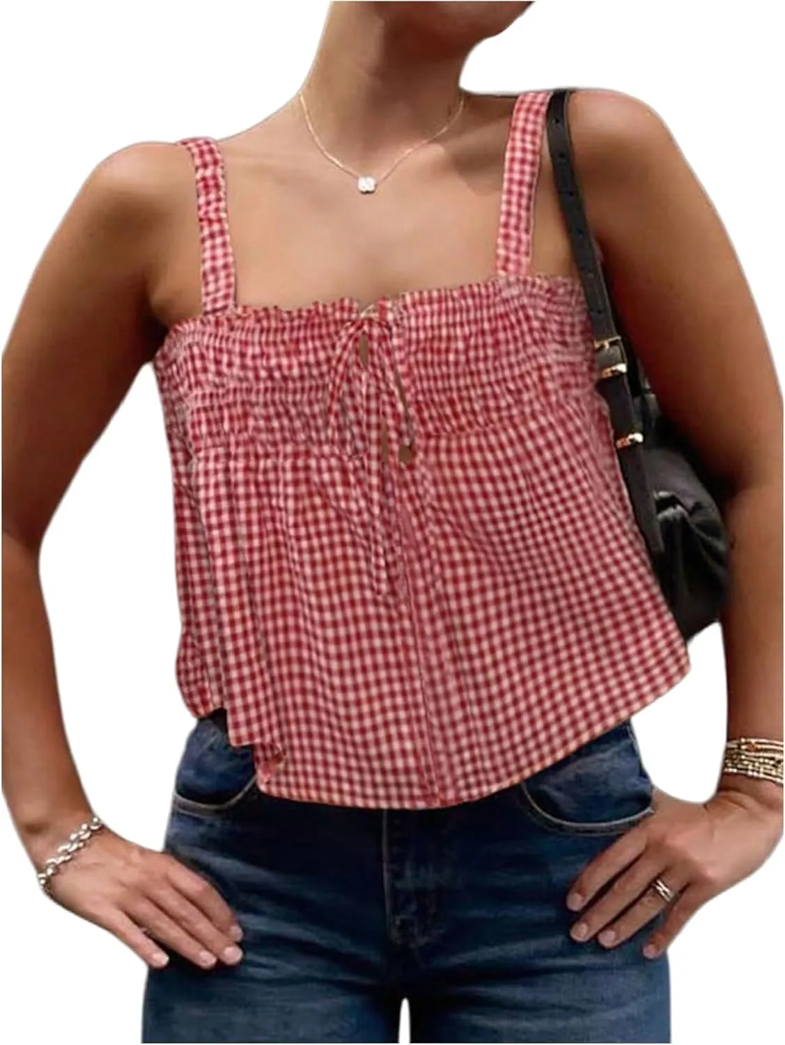 GORGLITTER Women's Y2k Gingham Cute Babydoll Crop Tops Sleeveless Bow Tie Going Out Tank Top