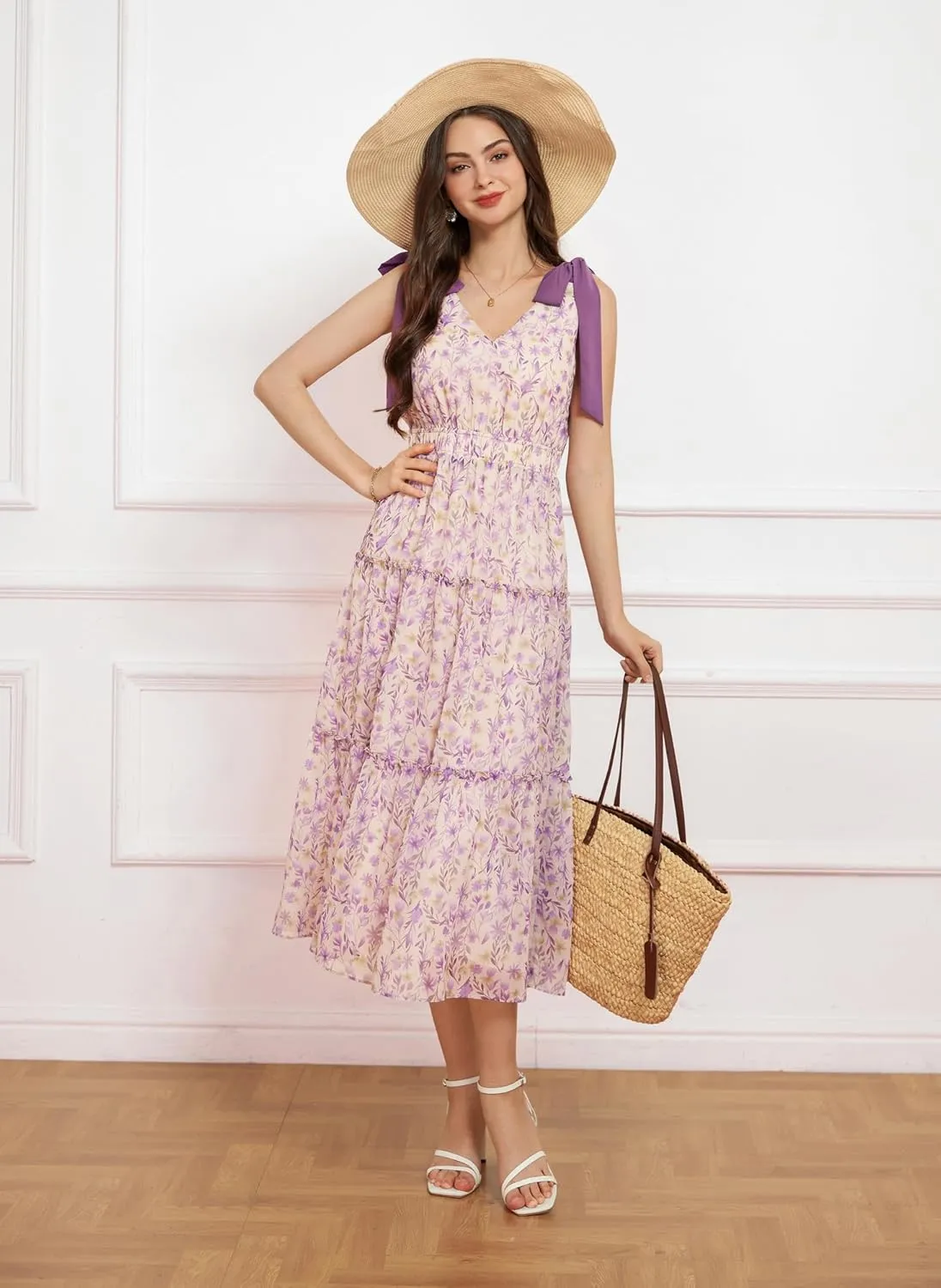 GRACE KARIN Floral Dress for Women Summer Casual Flowy Long V Neck Sundress Sleeveless Tiered Beach Wedding Guest Dress Bow