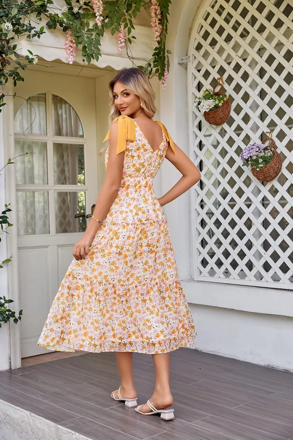 GRACE KARIN Floral Dress for Women Summer Casual Flowy Long V Neck Sundress Sleeveless Tiered Beach Wedding Guest Dress Bow