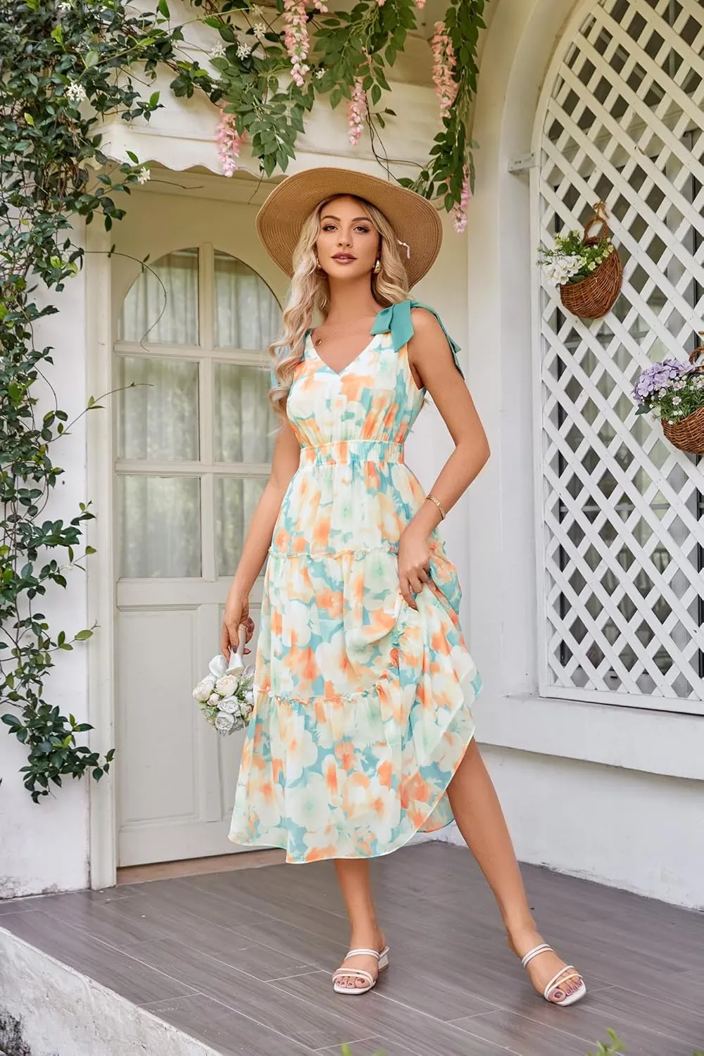GRACE KARIN Floral Dress for Women Summer Casual Flowy Long V Neck Sundress Sleeveless Tiered Beach Wedding Guest Dress Bow