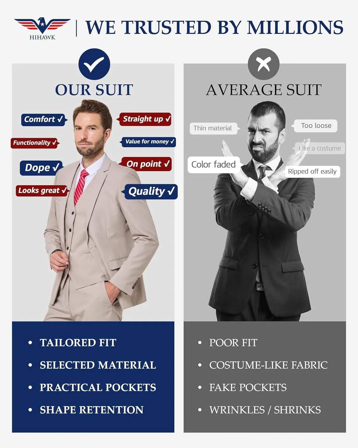 Hihawk Men's 3 Piece Suit with Stretch Fabric, Solid Slim Fit One Button Suit Blazer Set, Jacket Vest Pants with Tie.