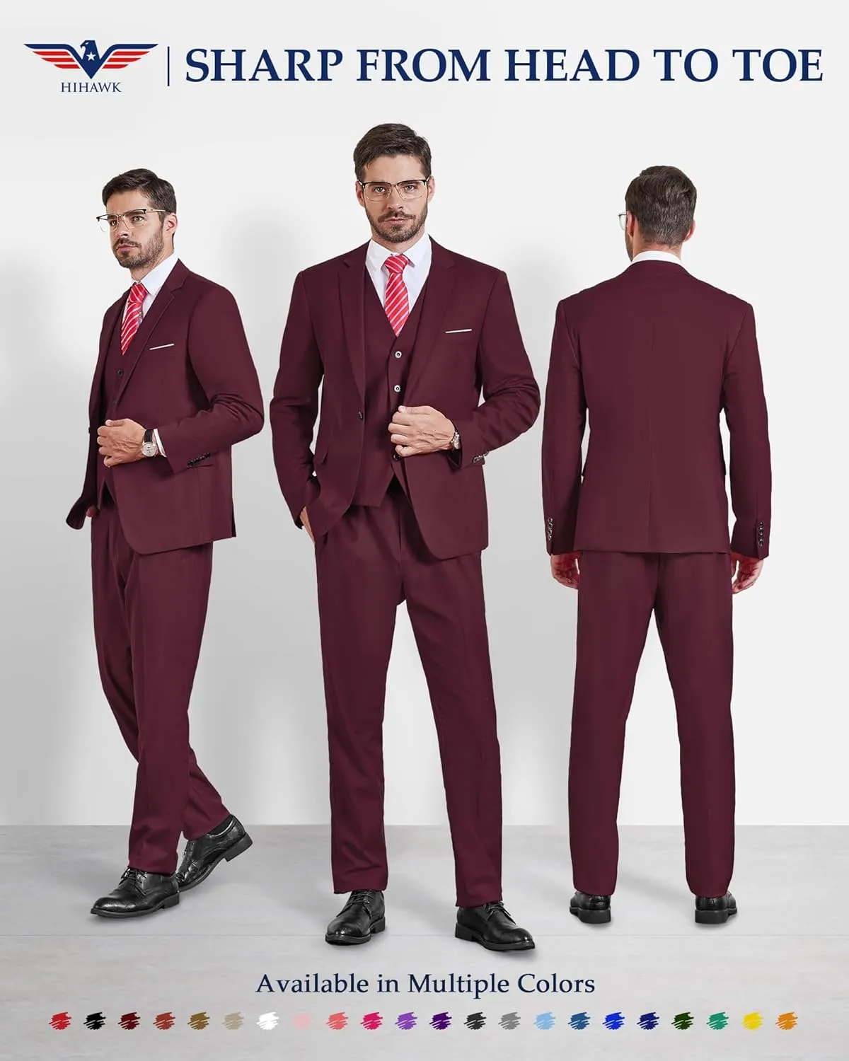 Hihawk Men's 3 Piece Suit with Stretch Fabric, Solid Slim Fit One Button Suit Blazer Set, Jacket Vest Pants with Tie.
