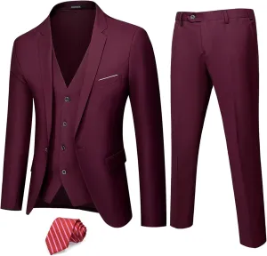 Hihawk Men's 3 Piece Suit with Stretch Fabric, Solid Slim Fit One Button Suit Blazer Set, Jacket Vest Pants with Tie.