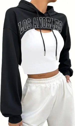 Hilinker Women's Long Sleeve Cropped Hoodie Workout Drawstring Super Crop Tops without Camisole