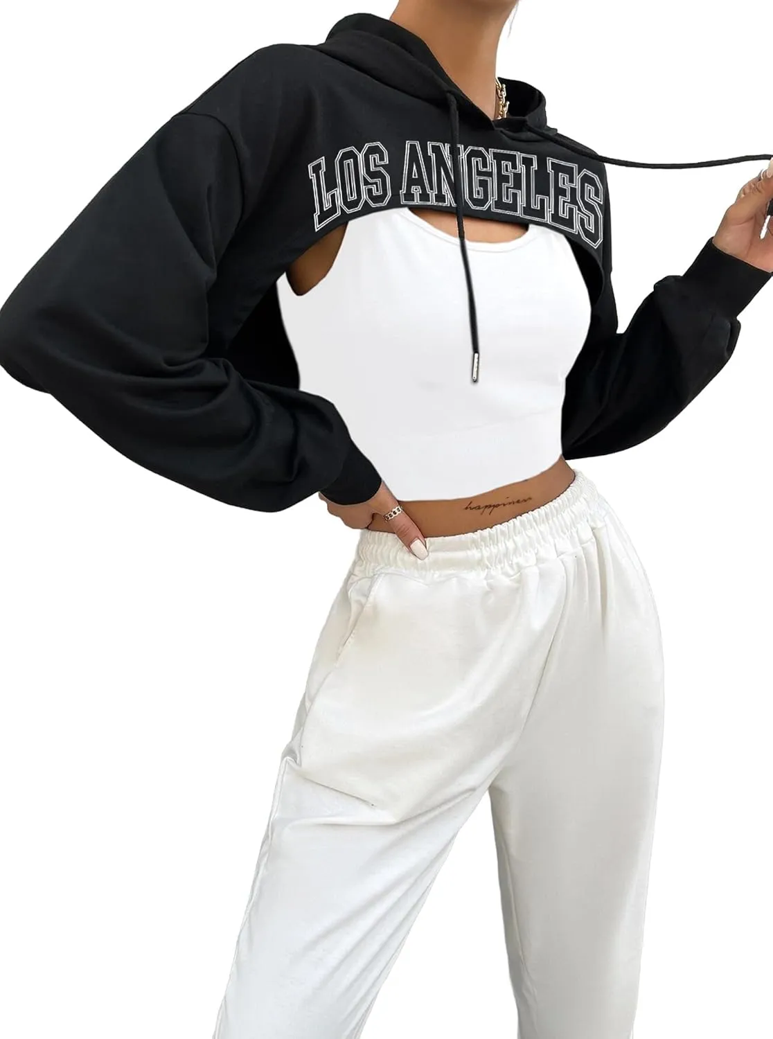 Hilinker Women's Long Sleeve Cropped Hoodie Workout Drawstring Super Crop Tops without Camisole
