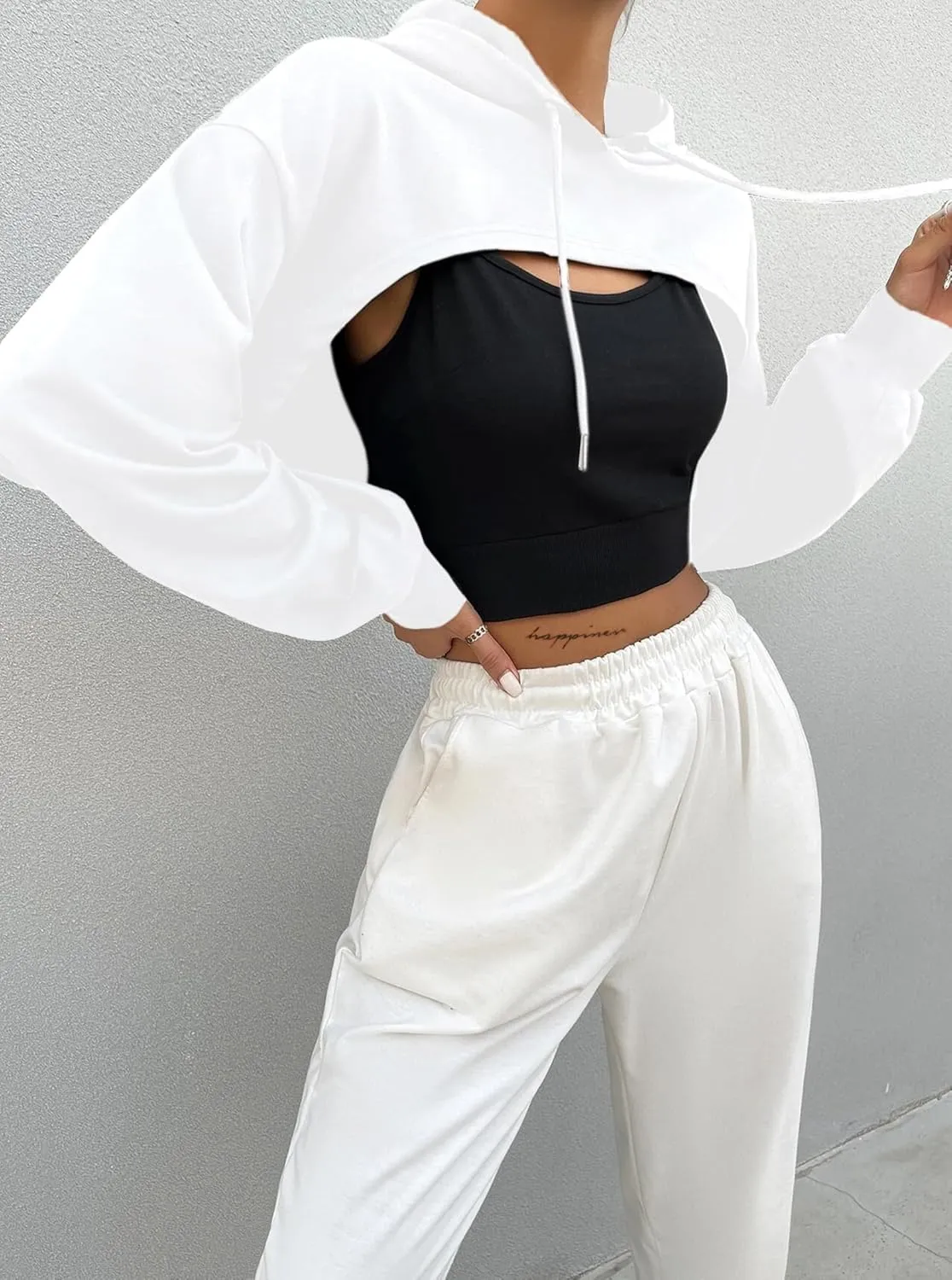 Hilinker Women's Long Sleeve Cropped Hoodie Workout Drawstring Super Crop Tops without Camisole