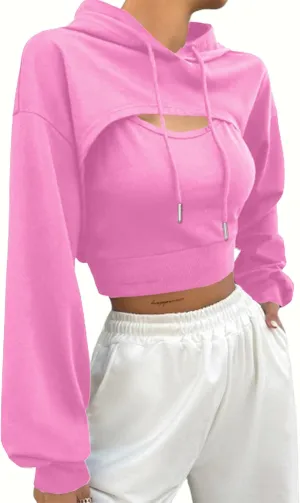 Hilinker Women's Long Sleeve Cropped Hoodie Workout Drawstring Super Crop Tops without Camisole