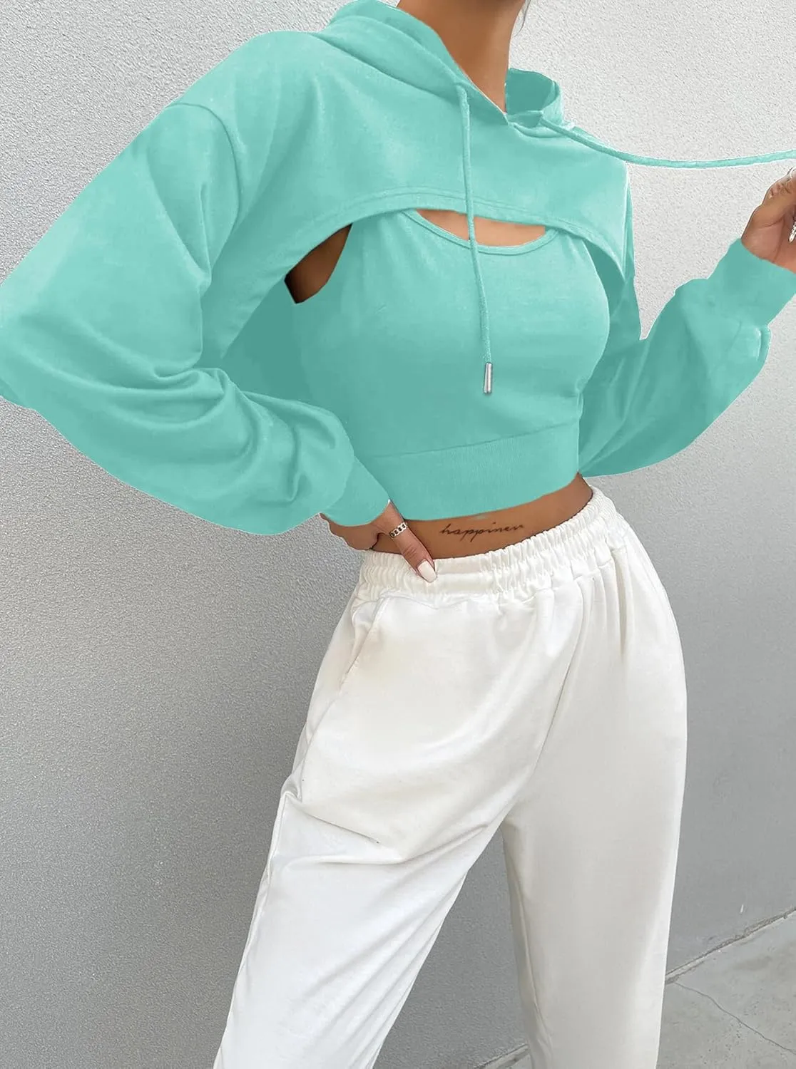 Hilinker Women's Long Sleeve Cropped Hoodie Workout Drawstring Super Crop Tops without Camisole
