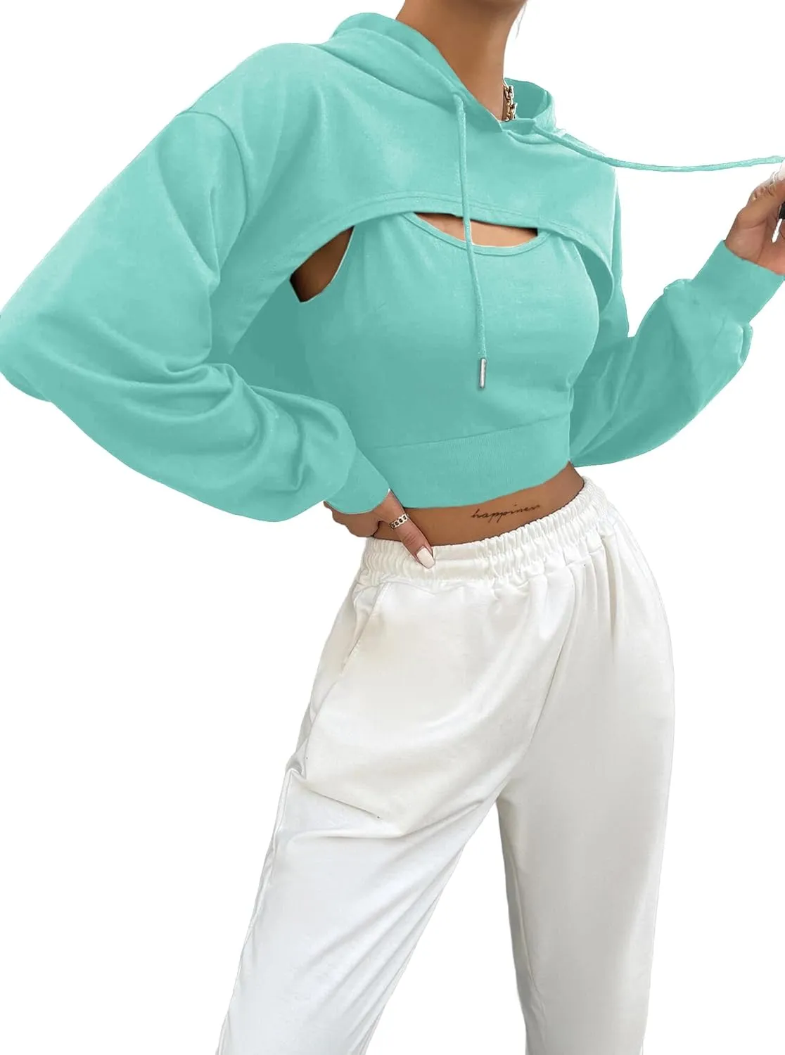Hilinker Women's Long Sleeve Cropped Hoodie Workout Drawstring Super Crop Tops without Camisole