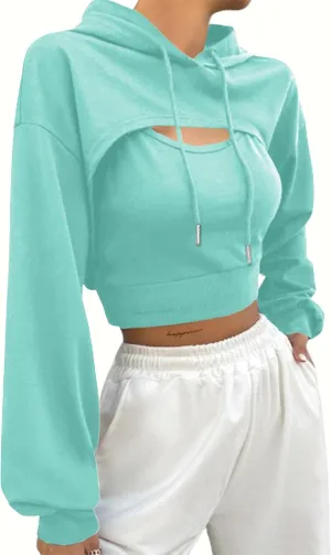 Hilinker Women's Long Sleeve Cropped Hoodie Workout Drawstring Super Crop Tops without Camisole