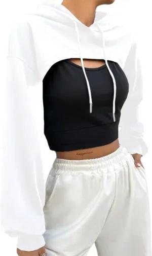 Hilinker Women's Long Sleeve Cropped Hoodie Workout Drawstring Super Crop Tops without Camisole