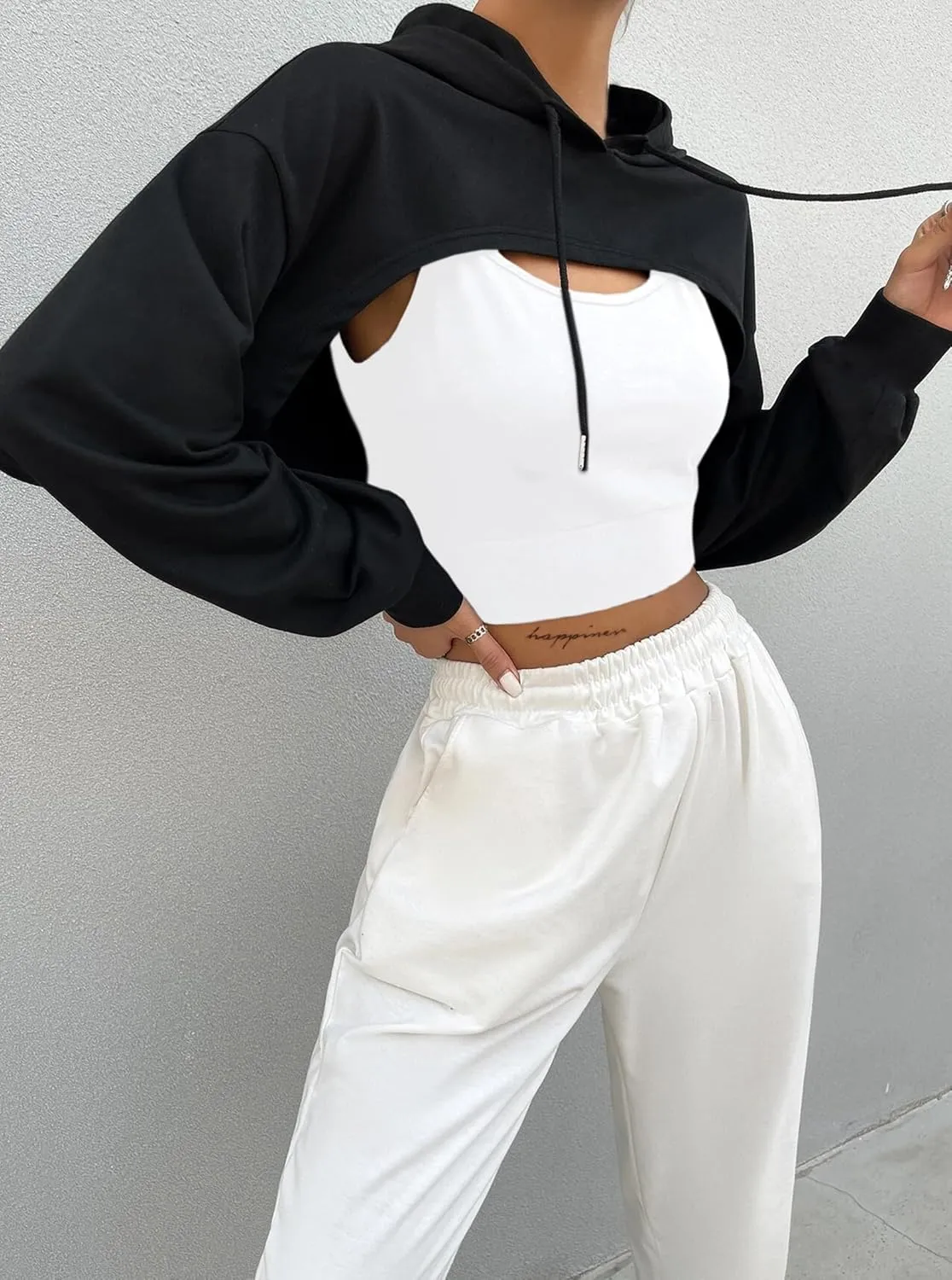 Hilinker Women's Long Sleeve Cropped Hoodie Workout Drawstring Super Crop Tops without Camisole
