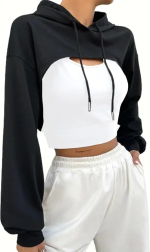 Hilinker Women's Long Sleeve Cropped Hoodie Workout Drawstring Super Crop Tops without Camisole