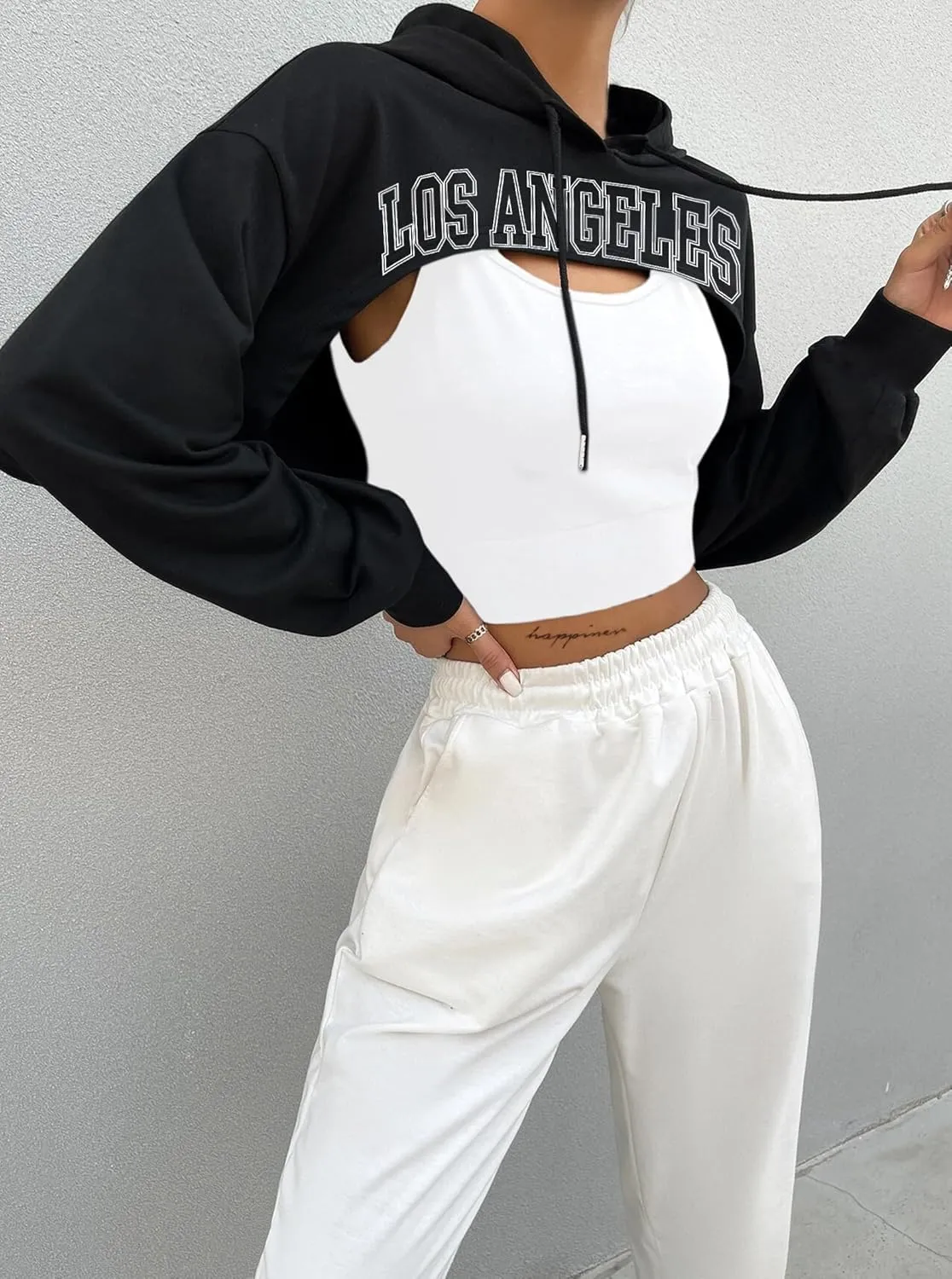 Hilinker Women's Long Sleeve Cropped Hoodie Workout Drawstring Super Crop Tops without Camisole