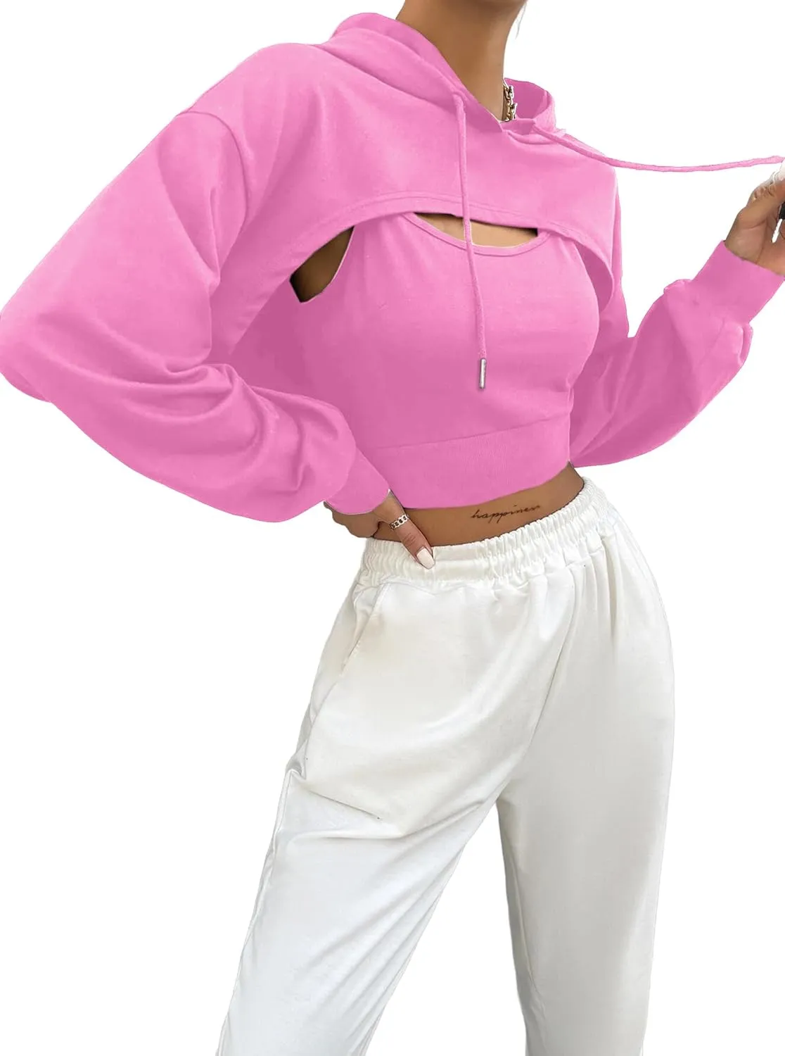 Hilinker Women's Long Sleeve Cropped Hoodie Workout Drawstring Super Crop Tops without Camisole