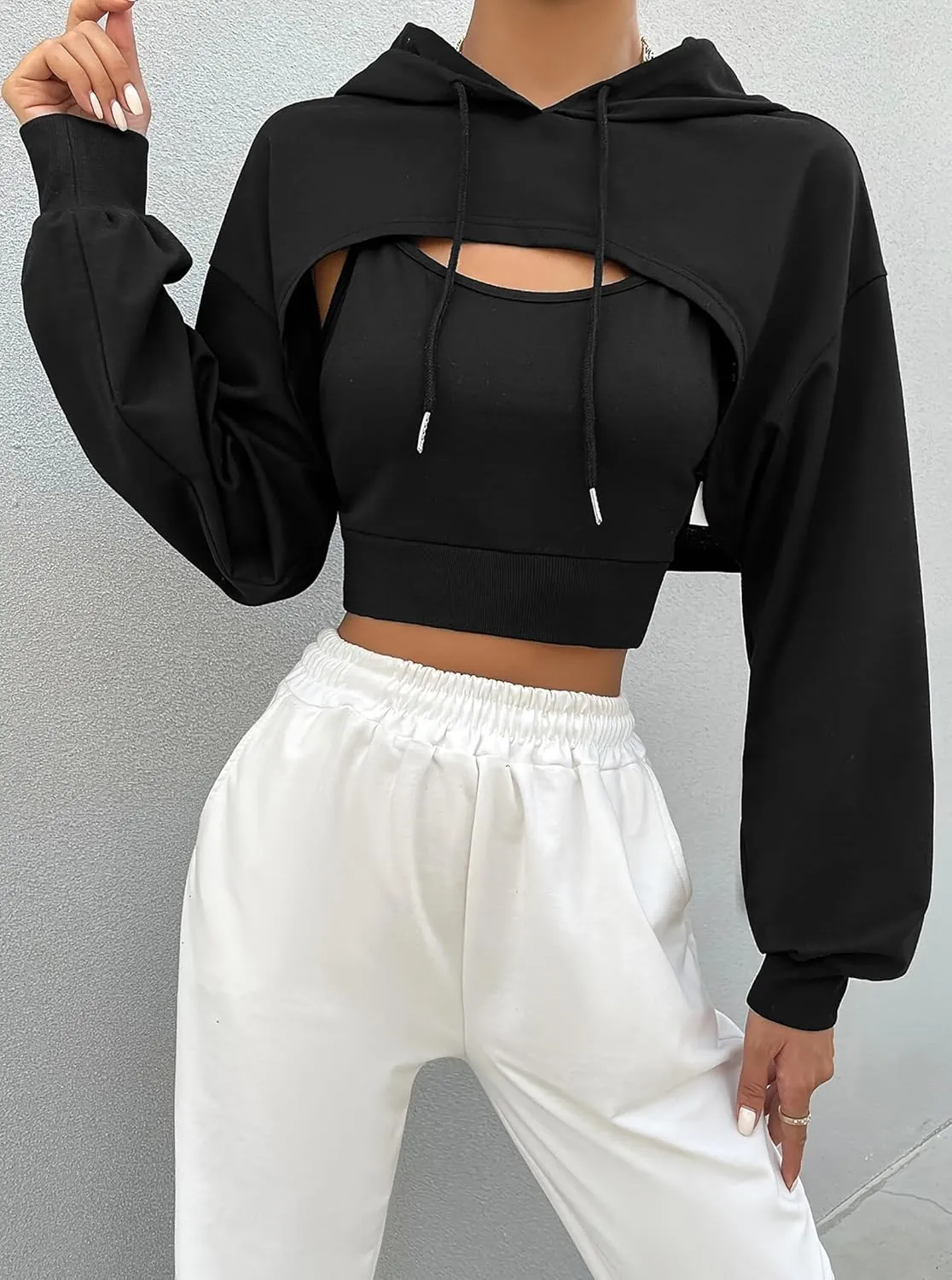 Hilinker Women's Long Sleeve Cropped Hoodie Workout Drawstring Super Crop Tops without Camisole