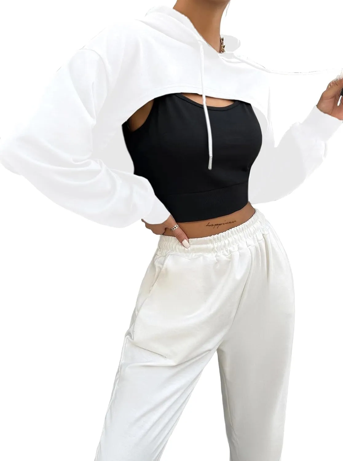 Hilinker Women's Long Sleeve Cropped Hoodie Workout Drawstring Super Crop Tops without Camisole