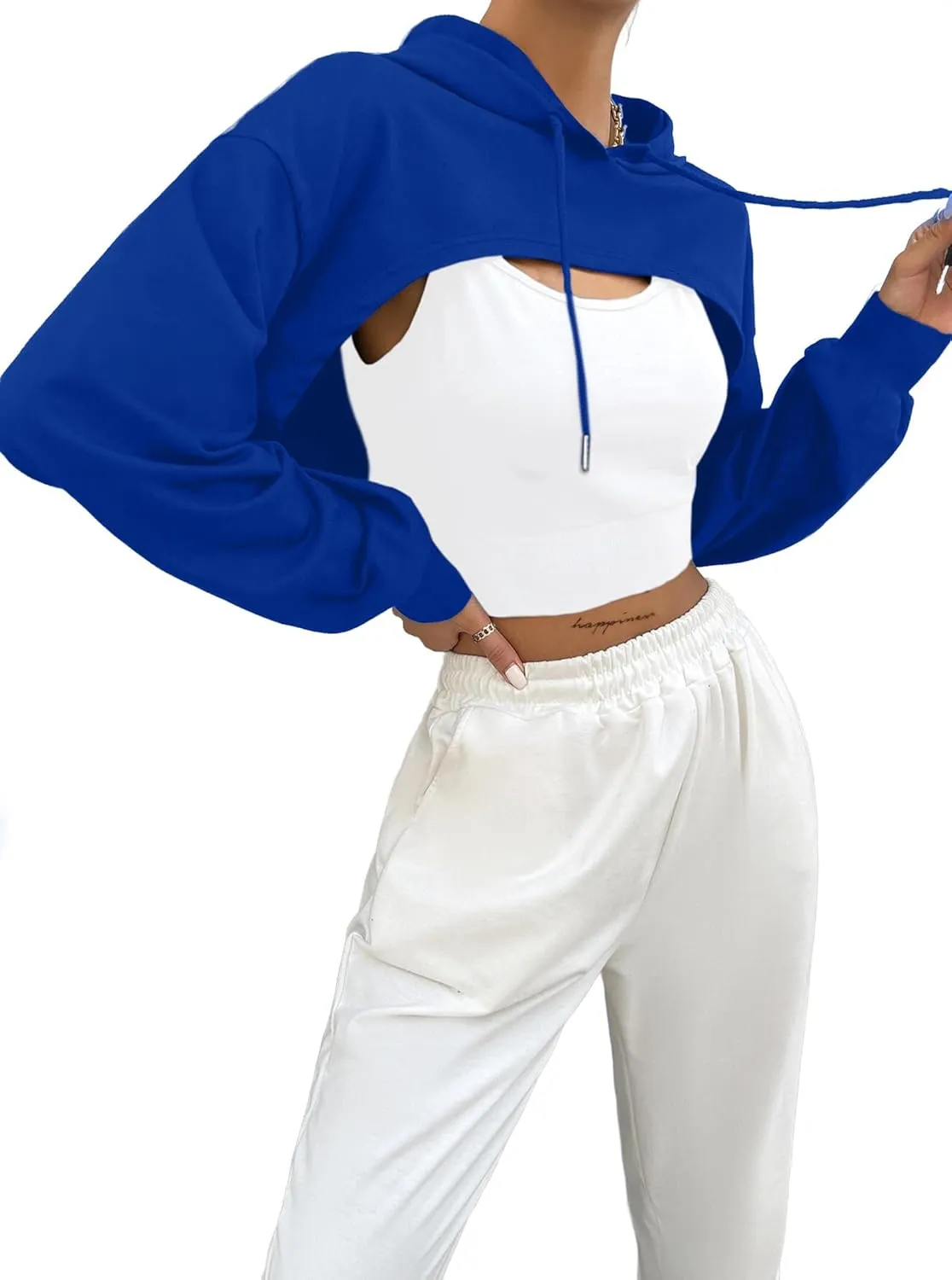 Hilinker Women's Long Sleeve Cropped Hoodie Workout Drawstring Super Crop Tops without Camisole