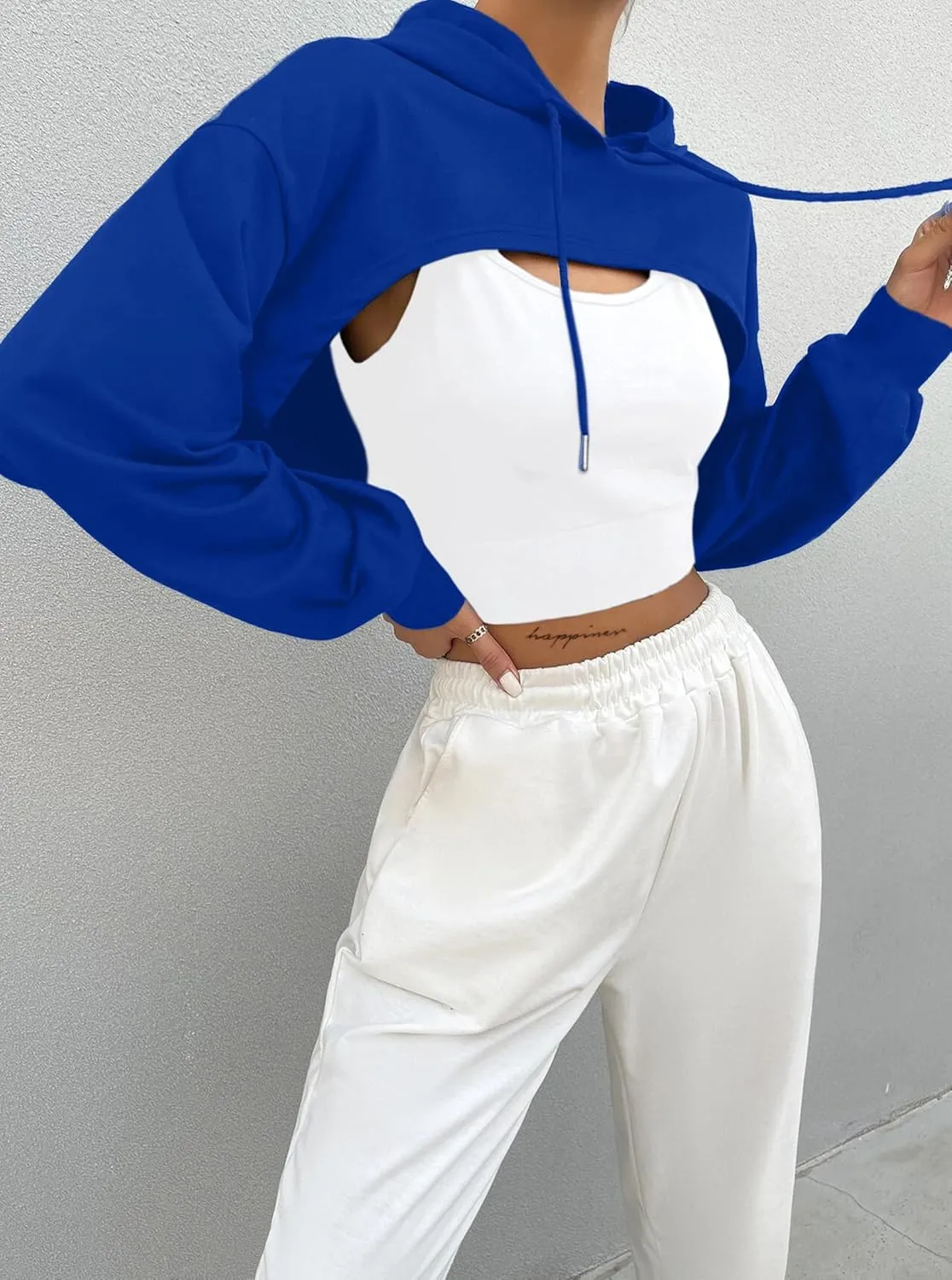 Hilinker Women's Long Sleeve Cropped Hoodie Workout Drawstring Super Crop Tops without Camisole