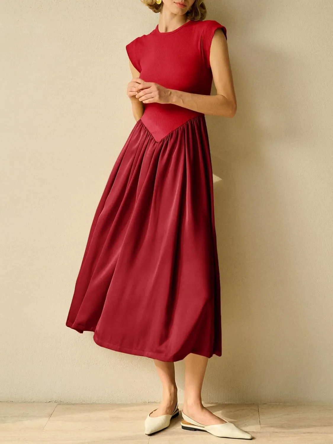 Imily Bela Womens Casual Cap Sleeve Midi Dress Crewneck Swing Flowy Empire Waist Long Dress 2025 Summer Trendy Outfits
