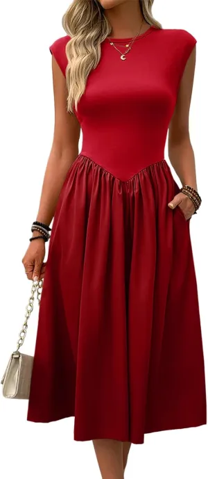 Imily Bela Womens Casual Cap Sleeve Midi Dress Crewneck Swing Flowy Empire Waist Long Dress 2025 Summer Trendy Outfits