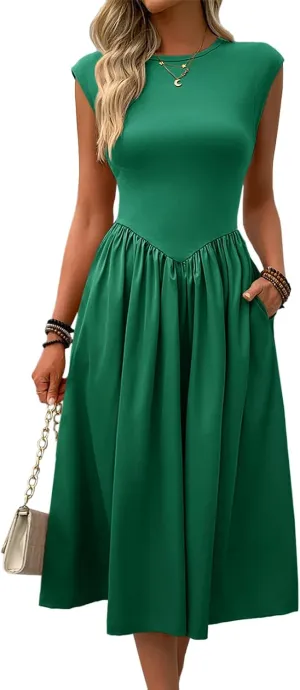 Imily Bela Womens Casual Cap Sleeve Midi Dress Crewneck Swing Flowy Empire Waist Long Dress 2025 Summer Trendy Outfits