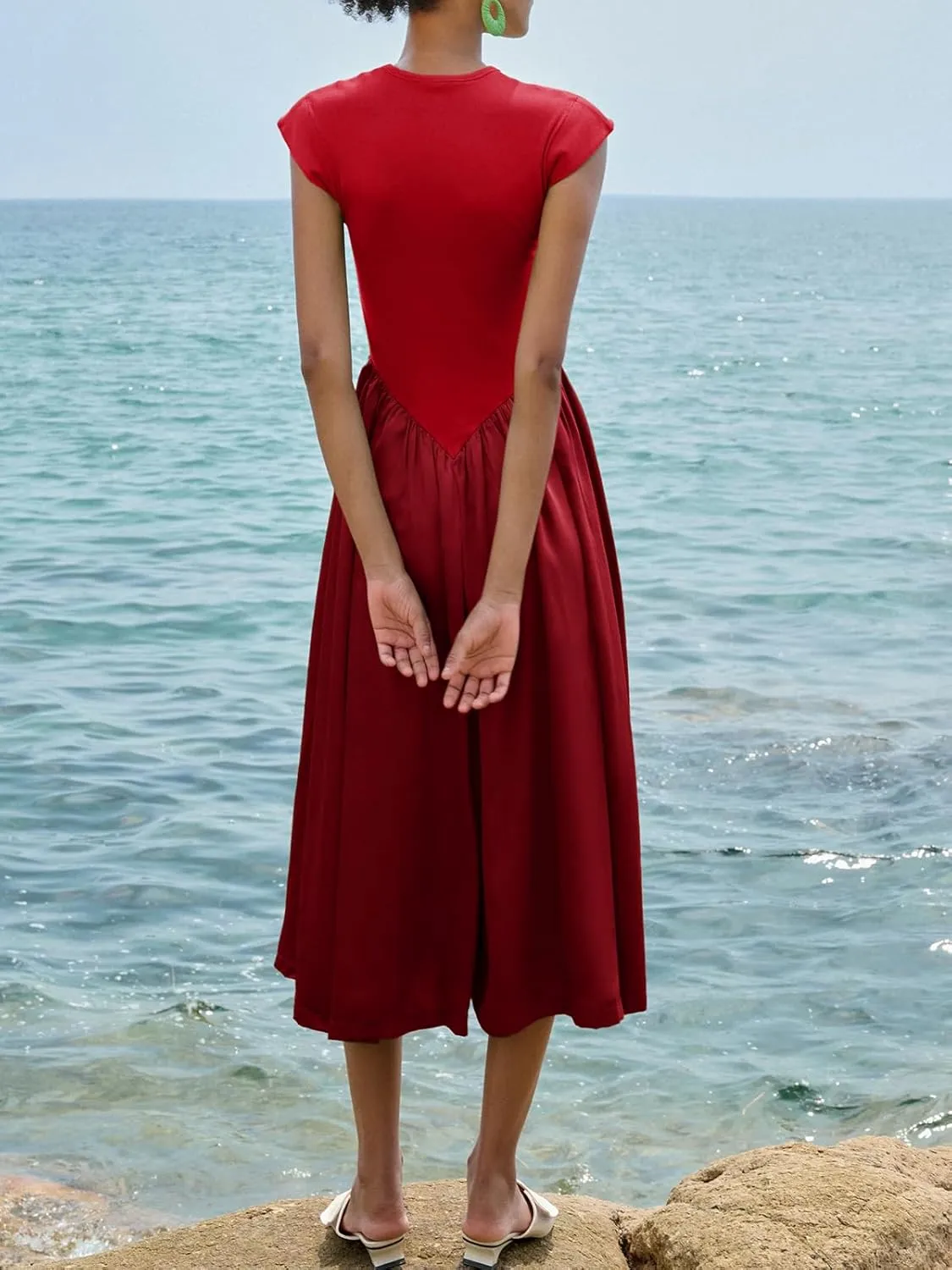 Imily Bela Womens Casual Cap Sleeve Midi Dress Crewneck Swing Flowy Empire Waist Long Dress 2025 Summer Trendy Outfits