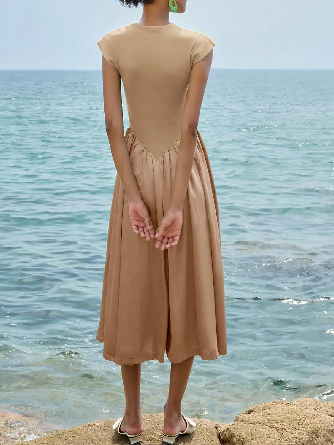 Imily Bela Womens Casual Cap Sleeve Midi Dress Crewneck Swing Flowy Empire Waist Long Dress 2025 Summer Trendy Outfits