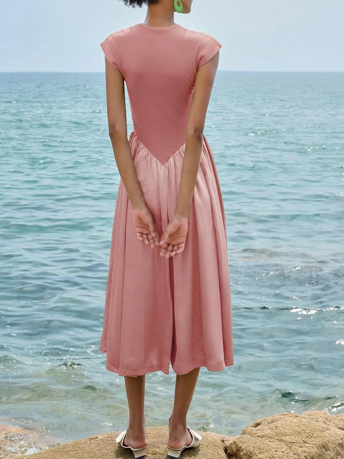 Imily Bela Womens Casual Cap Sleeve Midi Dress Crewneck Swing Flowy Empire Waist Long Dress 2025 Summer Trendy Outfits