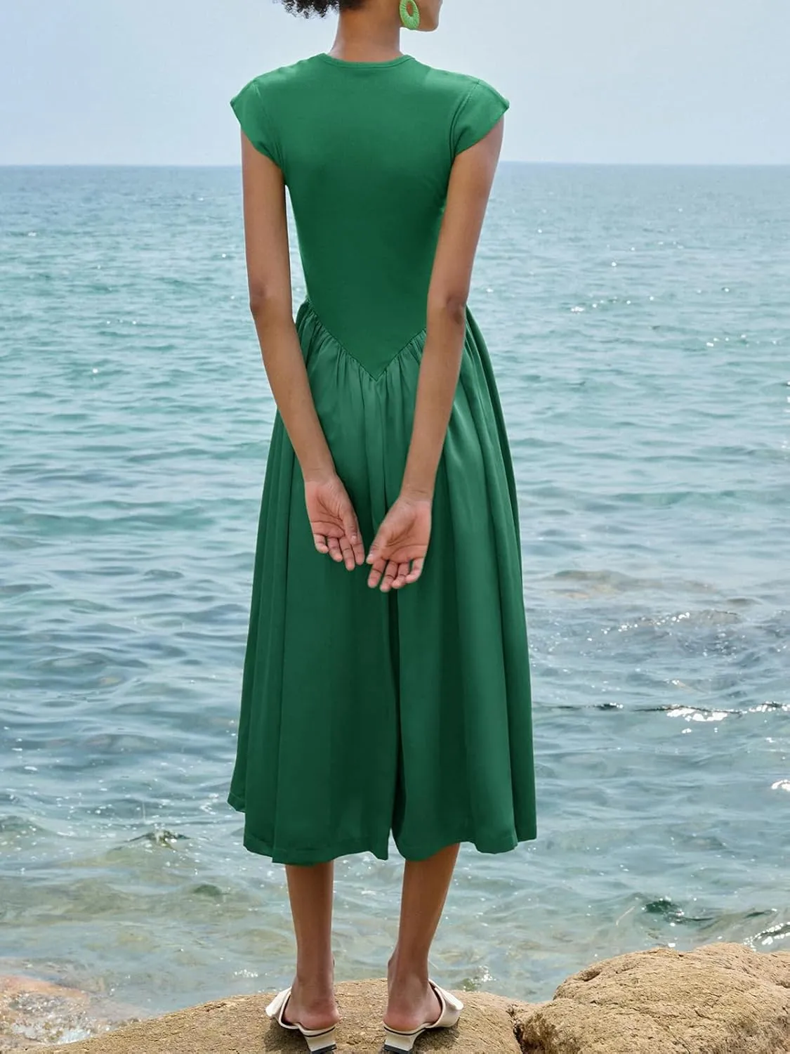 Imily Bela Womens Casual Cap Sleeve Midi Dress Crewneck Swing Flowy Empire Waist Long Dress 2025 Summer Trendy Outfits