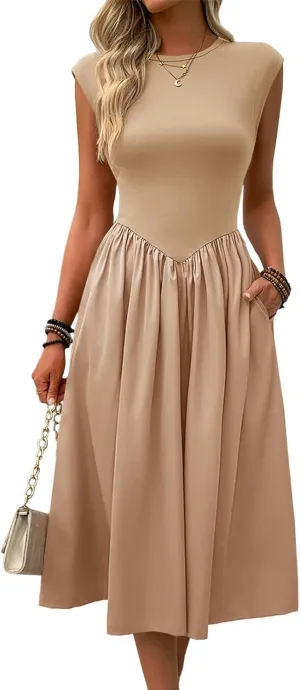 Imily Bela Womens Casual Cap Sleeve Midi Dress Crewneck Swing Flowy Empire Waist Long Dress 2025 Summer Trendy Outfits