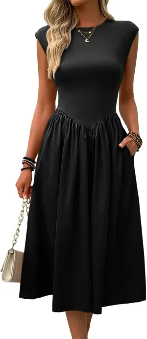 Imily Bela Womens Casual Cap Sleeve Midi Dress Crewneck Swing Flowy Empire Waist Long Dress 2025 Summer Trendy Outfits