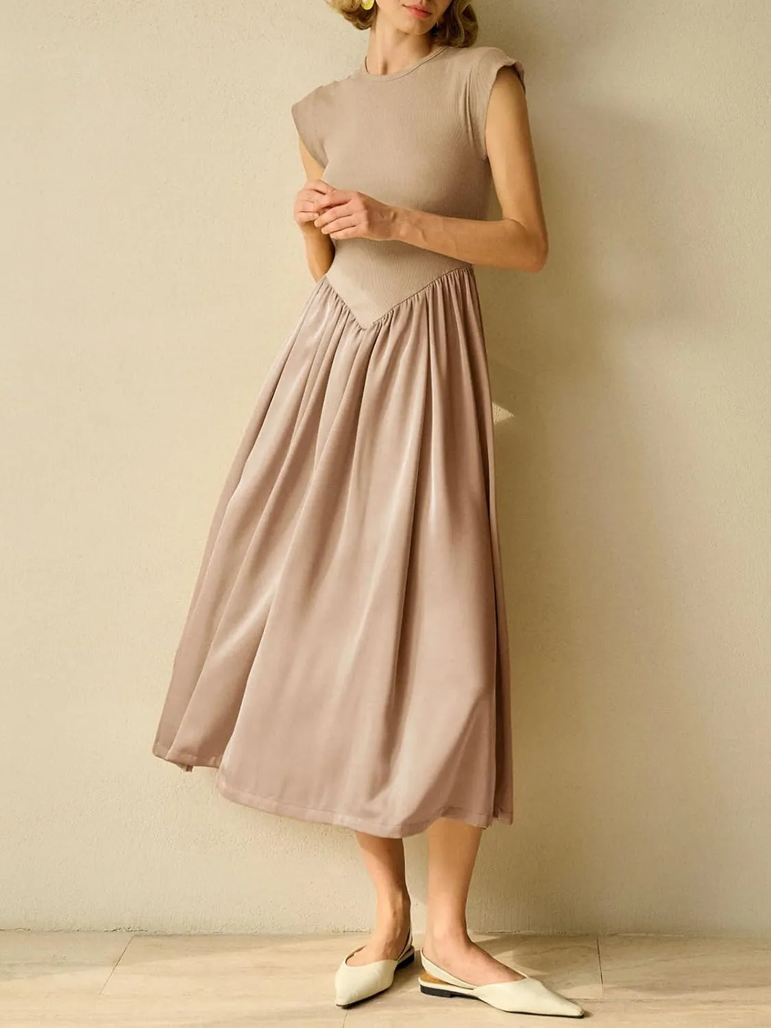 Imily Bela Womens Casual Cap Sleeve Midi Dress Crewneck Swing Flowy Empire Waist Long Dress 2025 Summer Trendy Outfits