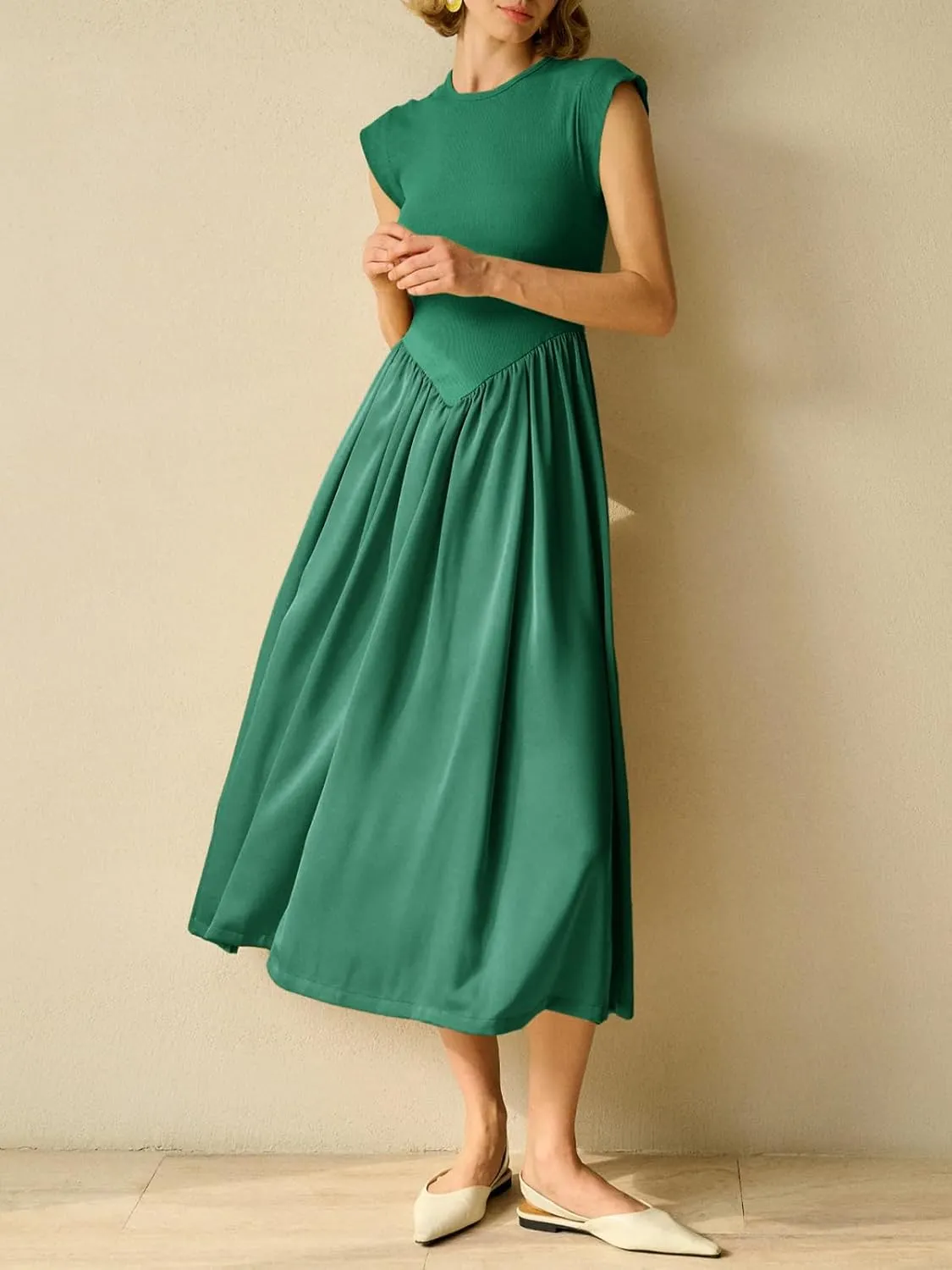 Imily Bela Womens Casual Cap Sleeve Midi Dress Crewneck Swing Flowy Empire Waist Long Dress 2025 Summer Trendy Outfits