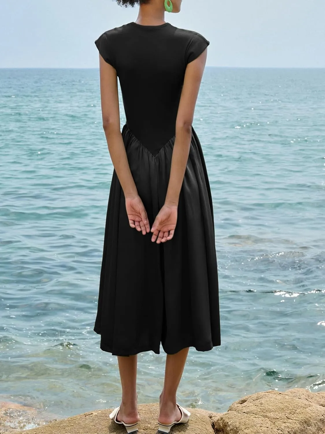 Imily Bela Womens Casual Cap Sleeve Midi Dress Crewneck Swing Flowy Empire Waist Long Dress 2025 Summer Trendy Outfits