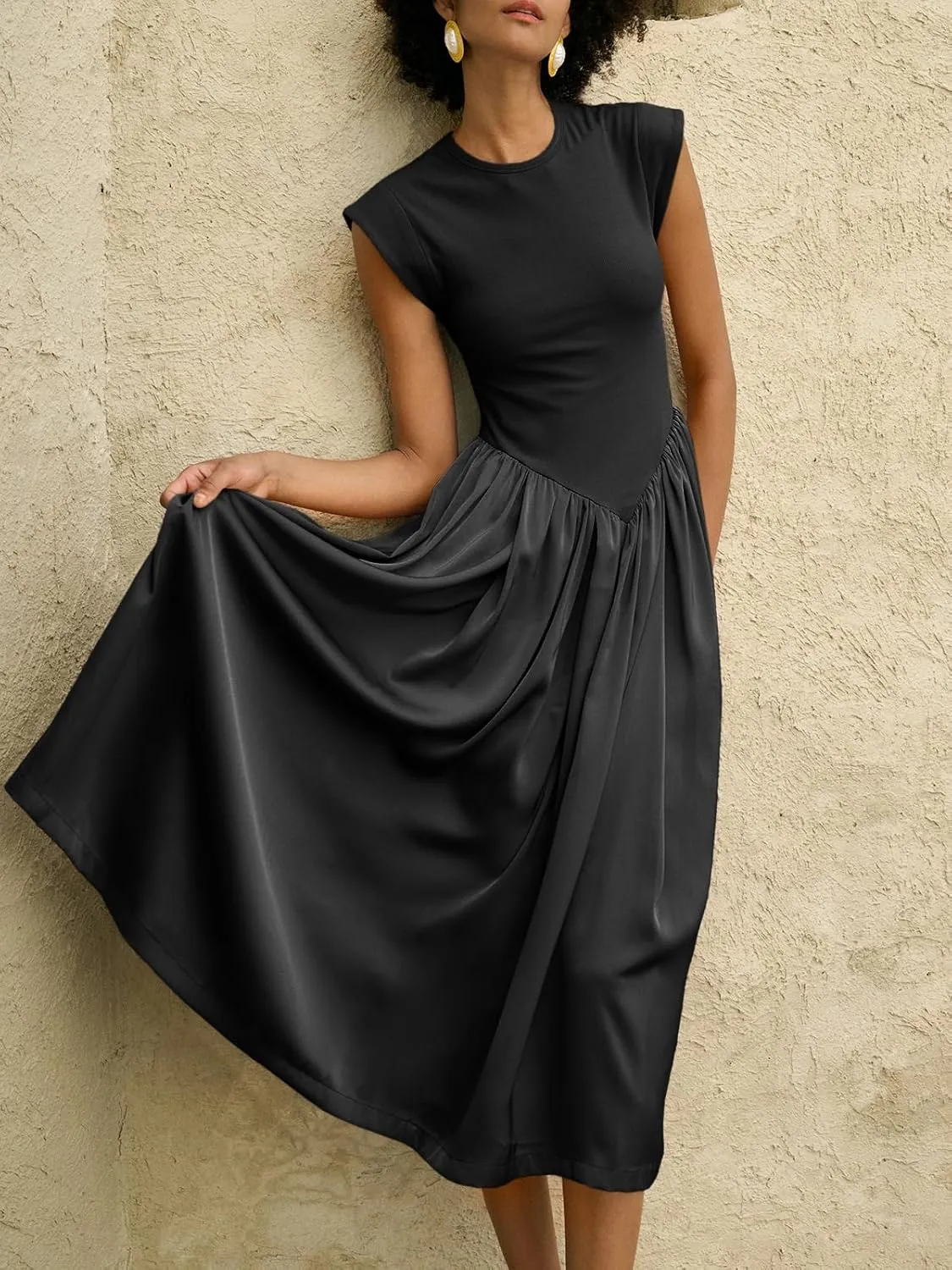 Imily Bela Womens Casual Cap Sleeve Midi Dress Crewneck Swing Flowy Empire Waist Long Dress 2025 Summer Trendy Outfits