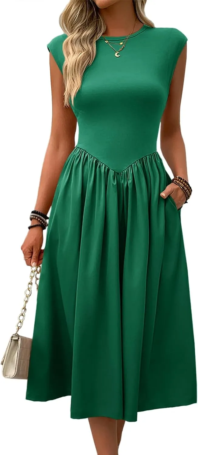 Imily Bela Womens Casual Cap Sleeve Midi Dress Crewneck Swing Flowy Empire Waist Long Dress 2025 Summer Trendy Outfits