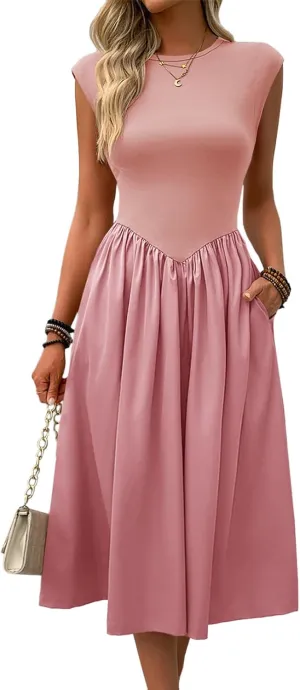Imily Bela Womens Casual Cap Sleeve Midi Dress Crewneck Swing Flowy Empire Waist Long Dress 2025 Summer Trendy Outfits