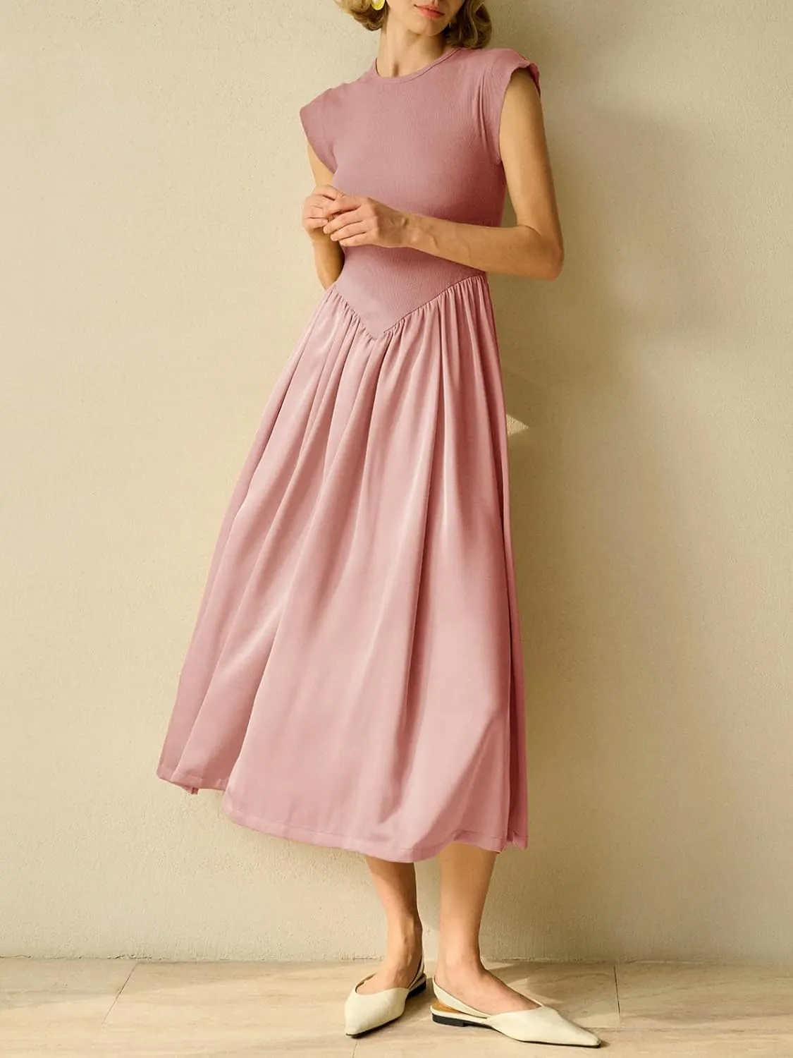 Imily Bela Womens Casual Cap Sleeve Midi Dress Crewneck Swing Flowy Empire Waist Long Dress 2025 Summer Trendy Outfits