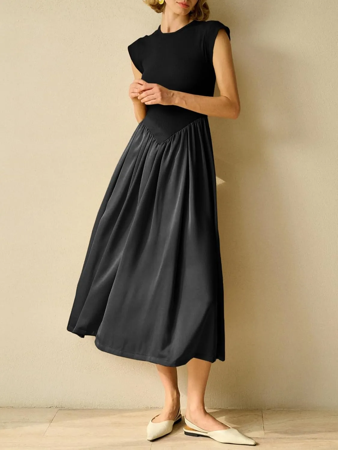 Imily Bela Womens Casual Cap Sleeve Midi Dress Crewneck Swing Flowy Empire Waist Long Dress 2025 Summer Trendy Outfits