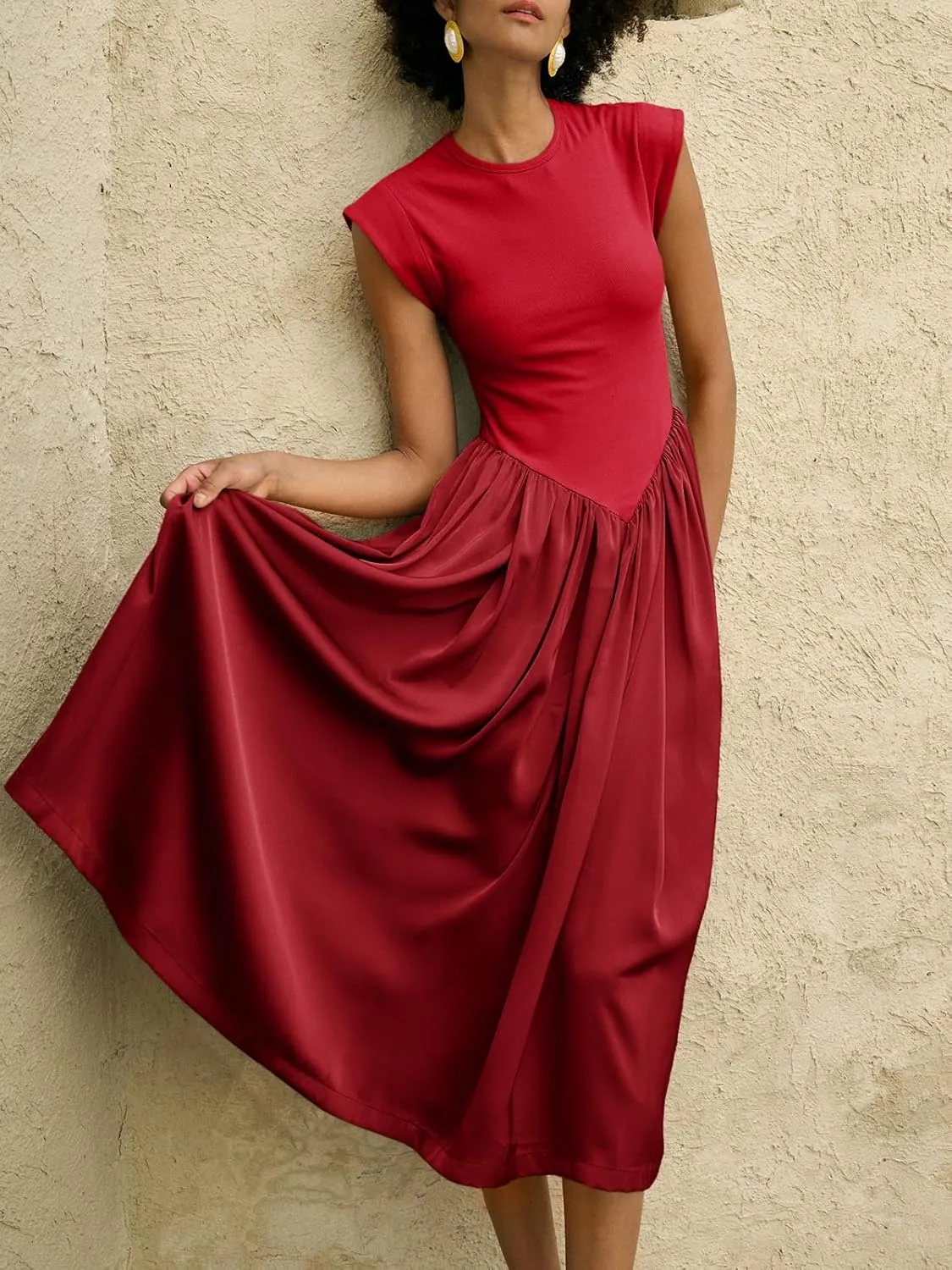 Imily Bela Womens Casual Cap Sleeve Midi Dress Crewneck Swing Flowy Empire Waist Long Dress 2025 Summer Trendy Outfits