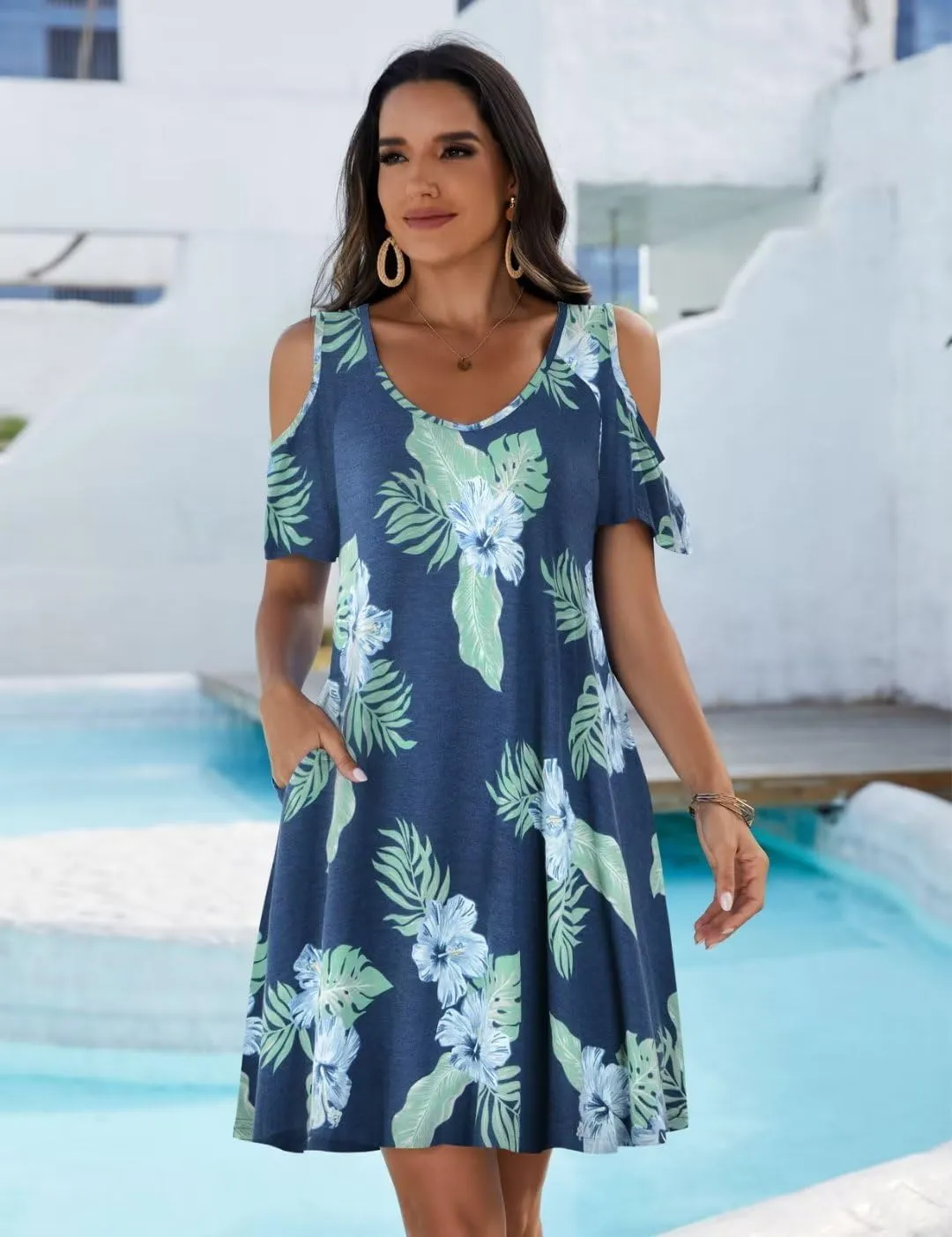 JollieLovin Womens Plus Size Short Sleeve Cold Shoulder V Neck T-Shirt Dress with Pockets