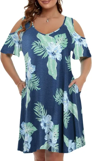 JollieLovin Womens Plus Size Short Sleeve Cold Shoulder V Neck T-Shirt Dress with Pockets