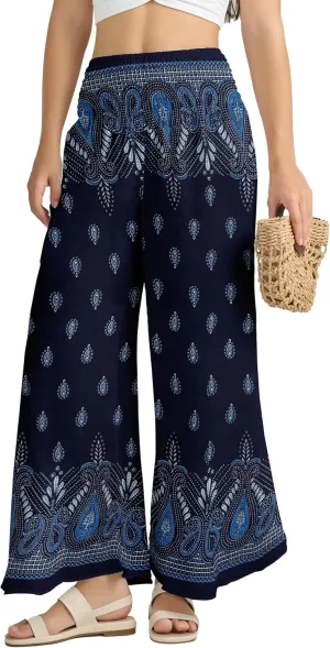 Joob Joob Flowy Women's Palazzo Pants - Wide Leg Summer Boho Harem Pants with Pockets