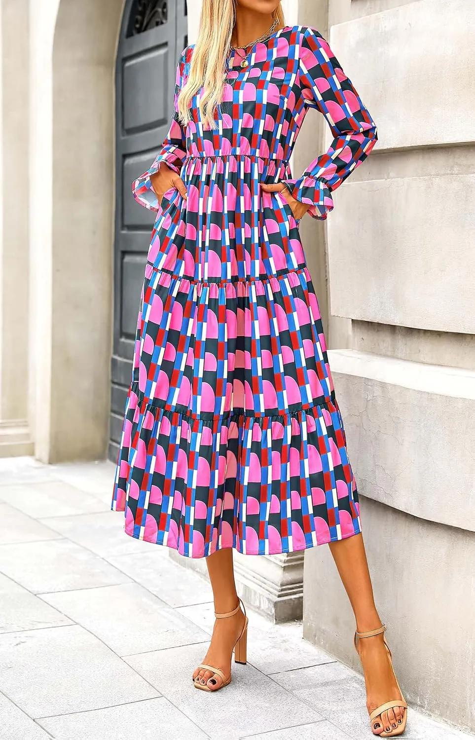 KIRUNDO Womens Spring Dresses Long Sleeve Midi Dress Boho Floral Print Crewneck Casual Wedding Guest Dress with Pockets