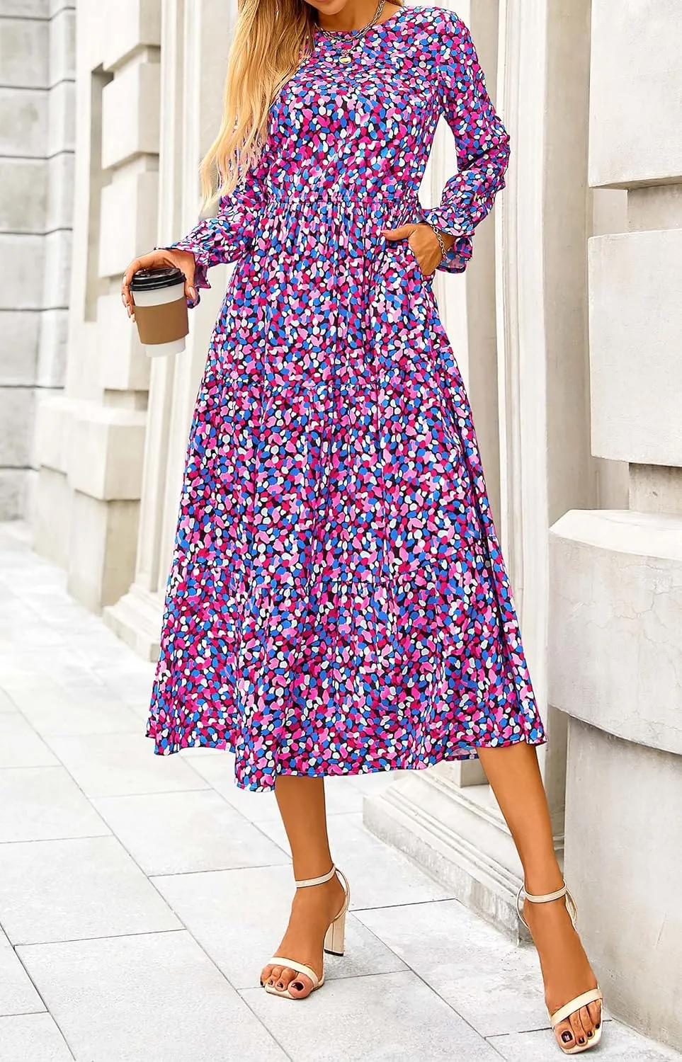 KIRUNDO Womens Spring Dresses Long Sleeve Midi Dress Boho Floral Print Crewneck Casual Wedding Guest Dress with Pockets