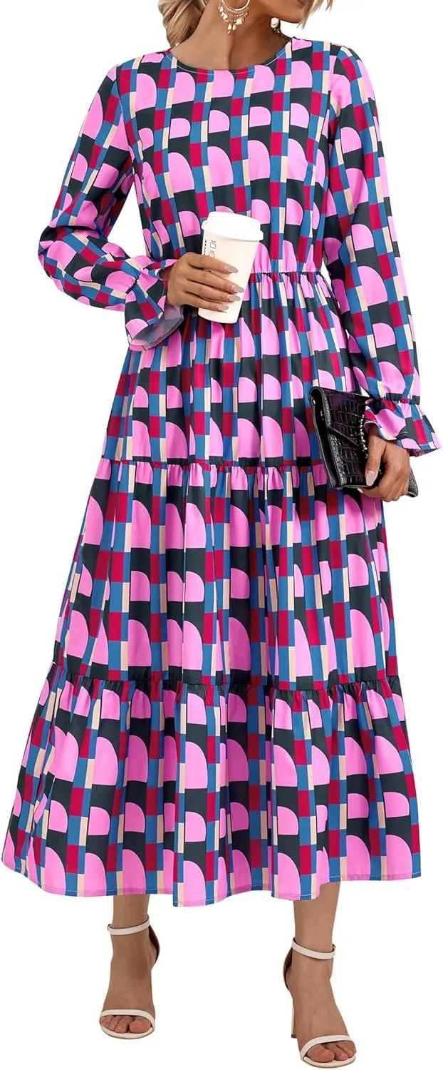 KIRUNDO Womens Spring Dresses Long Sleeve Midi Dress Boho Floral Print Crewneck Casual Wedding Guest Dress with Pockets
