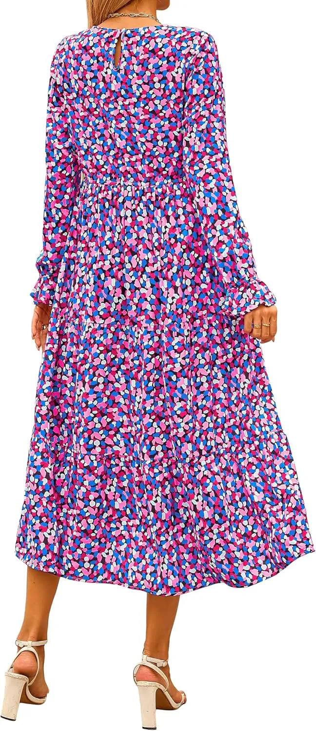 KIRUNDO Womens Spring Dresses Long Sleeve Midi Dress Boho Floral Print Crewneck Casual Wedding Guest Dress with Pockets
